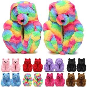 Women's Cute Fuzzy A06-rainbow Teddy Bear Slippers Cozy Cartoon Indoor Shoes